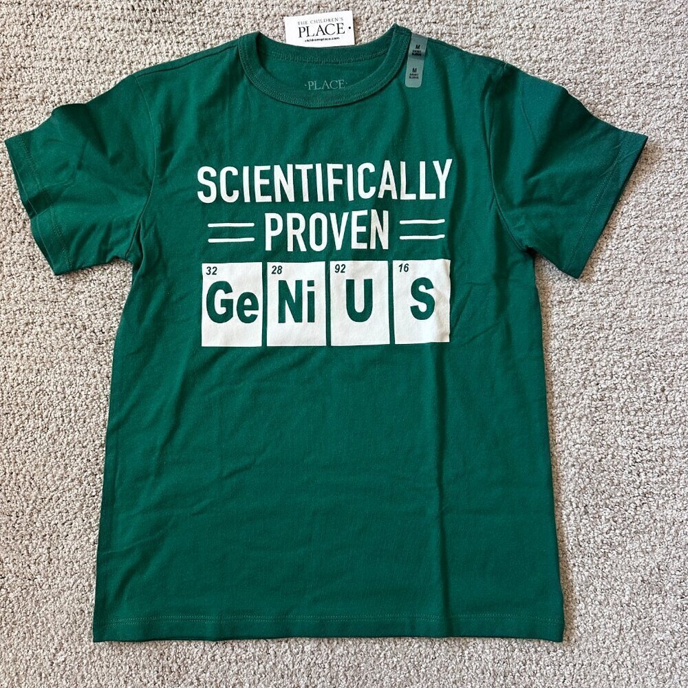 THE CHILDREN'S PLACE BOY'S SHORT SLEEVE PROVEN GENIUS GRAPHIC TEE GREEN M/M-7/8 - Picture 1 of 8